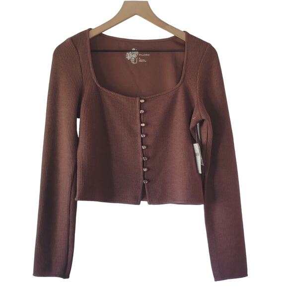 NEW Anthropologie Pilcro Square Neck Cropped Brown Cardigan - Medium - Picture 4 of 7